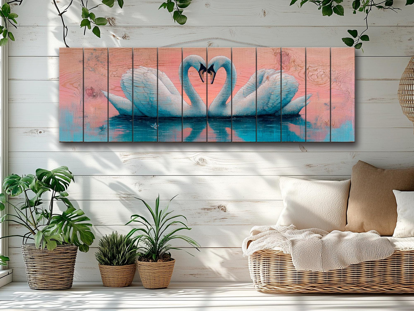Swans Couple Forming a Heart at Sunrise Print on Natural Wood, Romantic Wall Art, Rustic Swans Painting, Swans Wall Art, Wood Wall Art