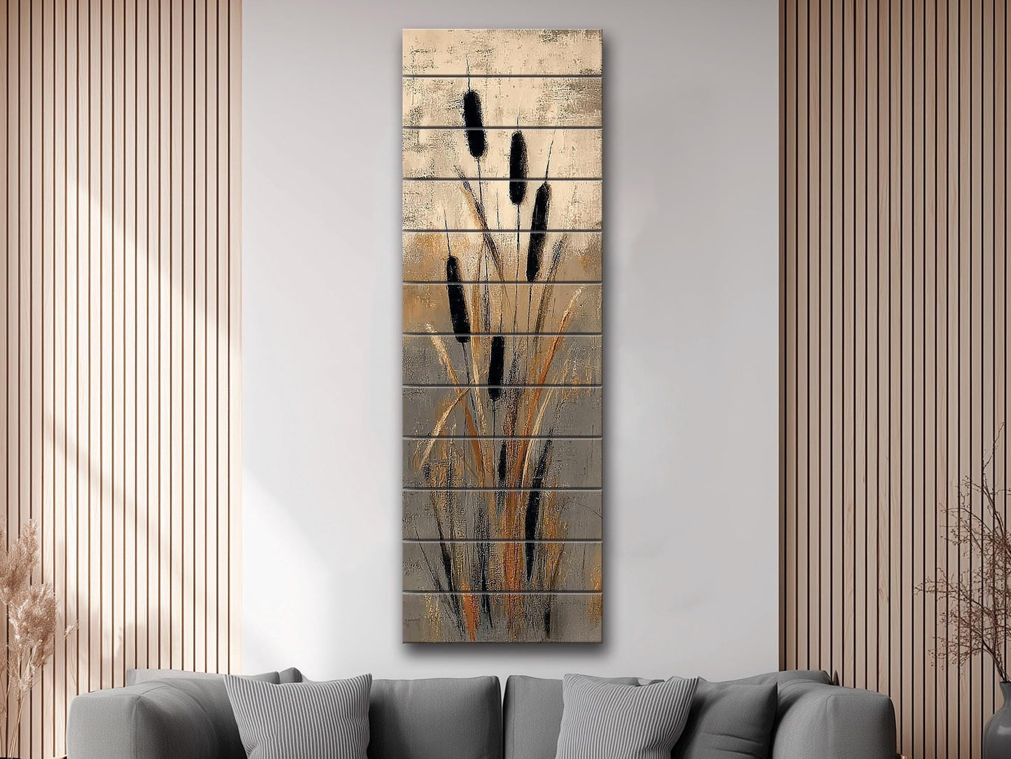 Cattails Abstract Art Print on Wood, Neutral Textured Nature Painting, Rustic Wall Decor