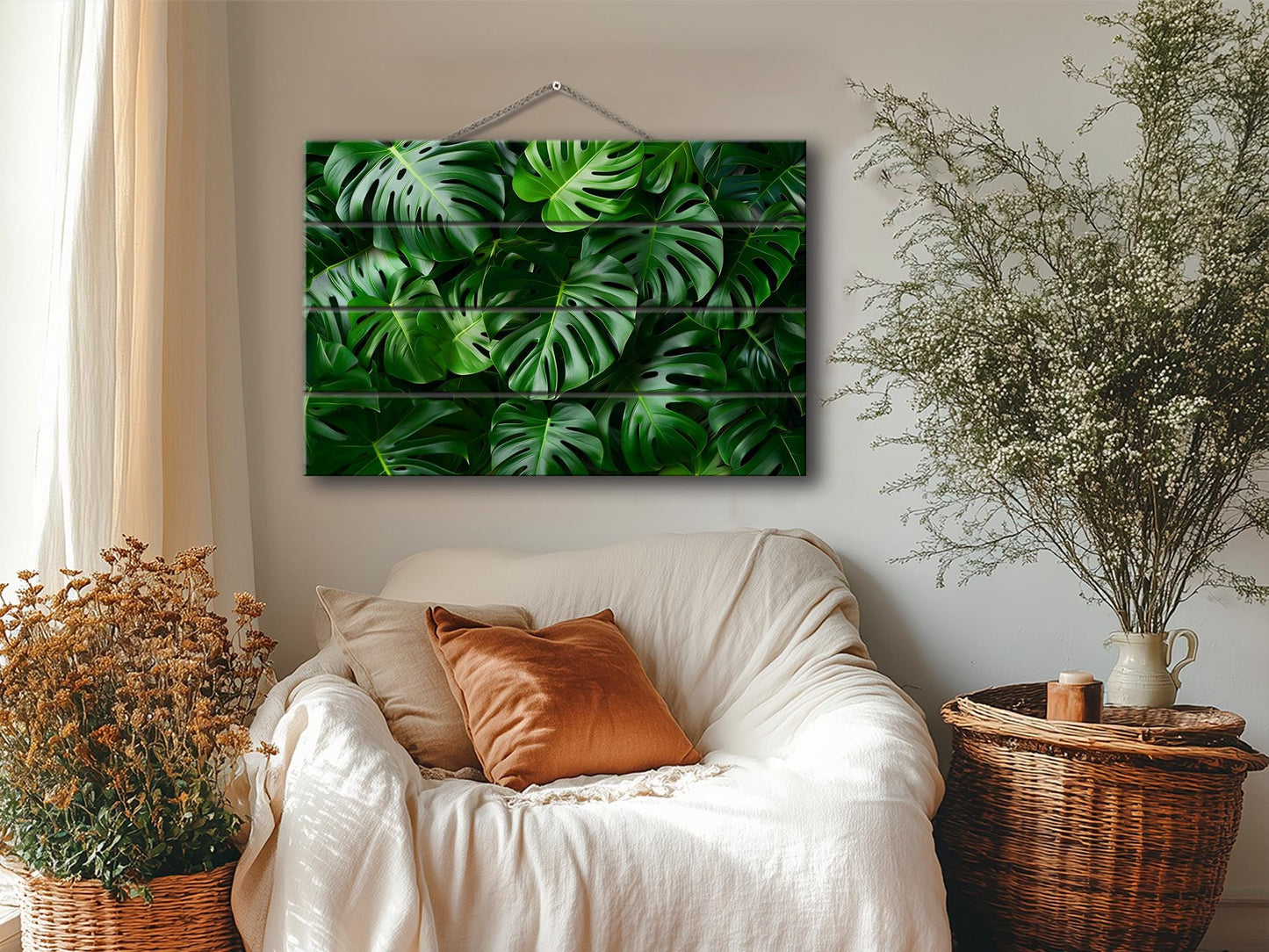 Wood Wall Art - Tropical Green Leaves Print on Natural Wood, Abstract Deep Green Wall Art, Tropical Wall Art, Modern Palm Leaf Print