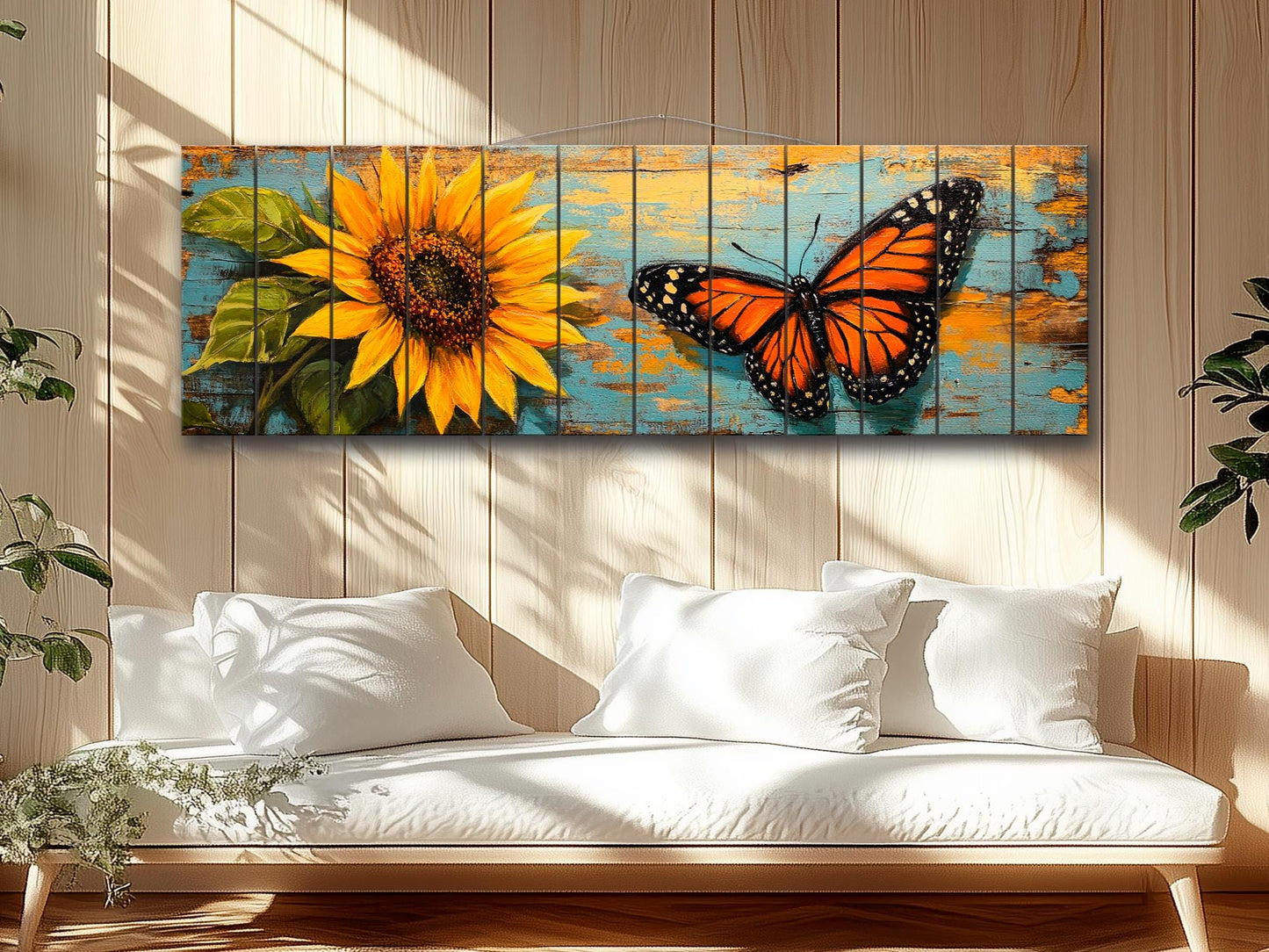 Wood Wall Art – Rustic Butterfly Wood Print & Sunflower Floral Decor Panel