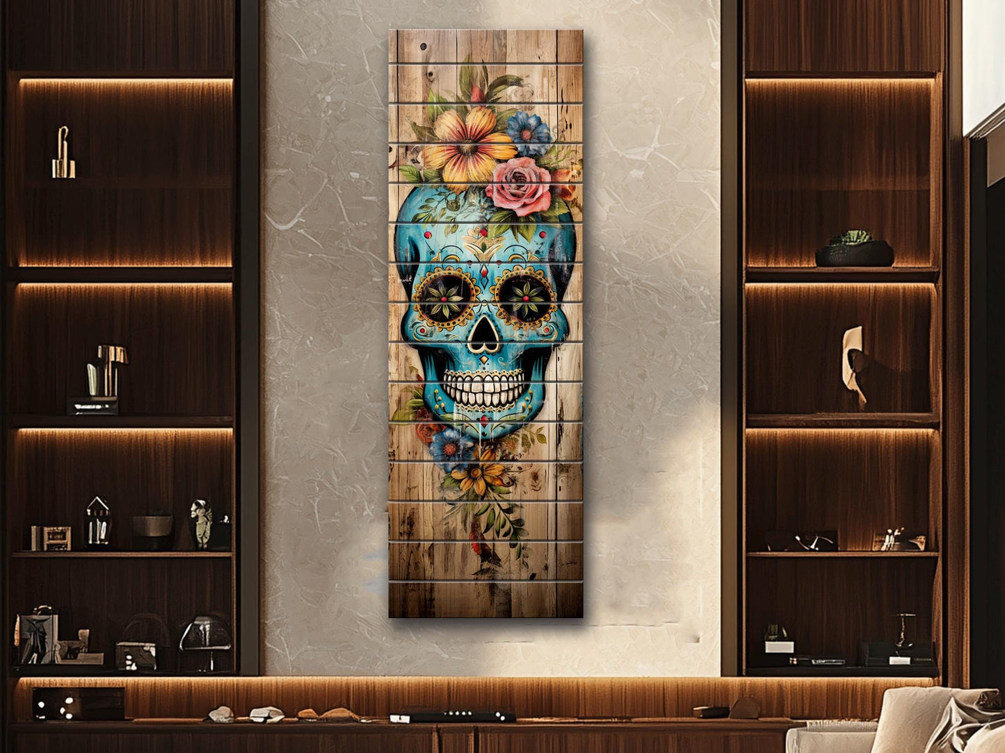 Mexican Sugar Skull Art – Rustic Wood Wall Decor | Vibrant Floral Skull Print