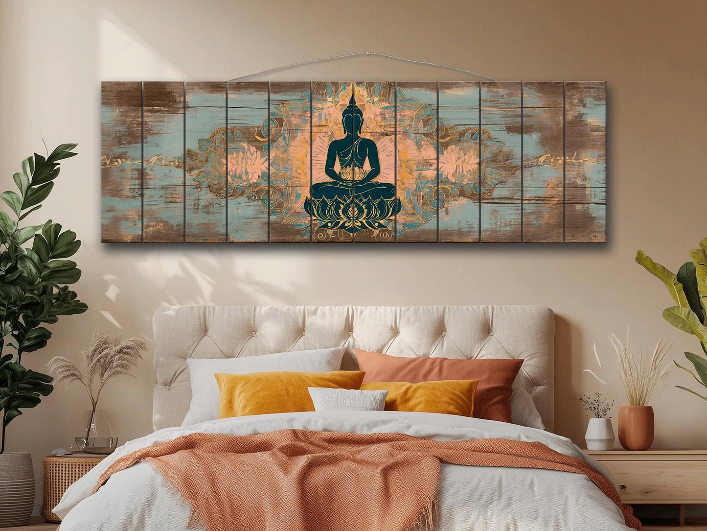 Wood Wall Art - Peaceful Buddha Print on Natural Wood, Buddhist Wall Art, Large Buddha Painting, Buddhist Gift, Rustic Buddhist Wall Decor