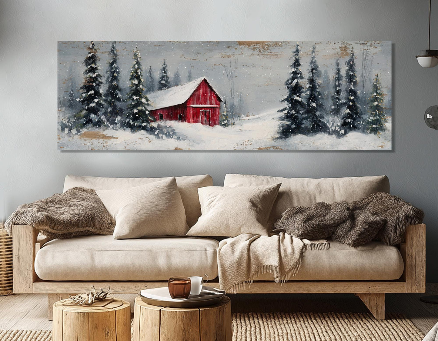 Winter Wall Decor – Snowy Landscape Print With Rustic Barn Canvas, Framed