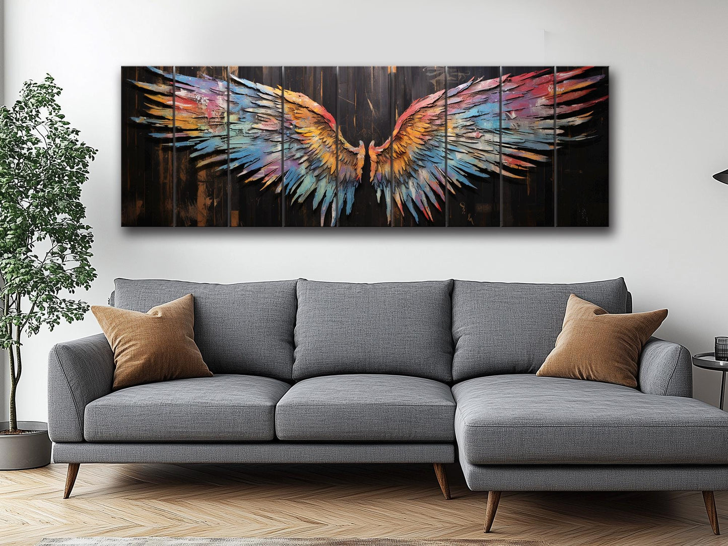 Wings Print Wood - Colorful Abstract Wings on Natural Wood | Rustic Wall Art
