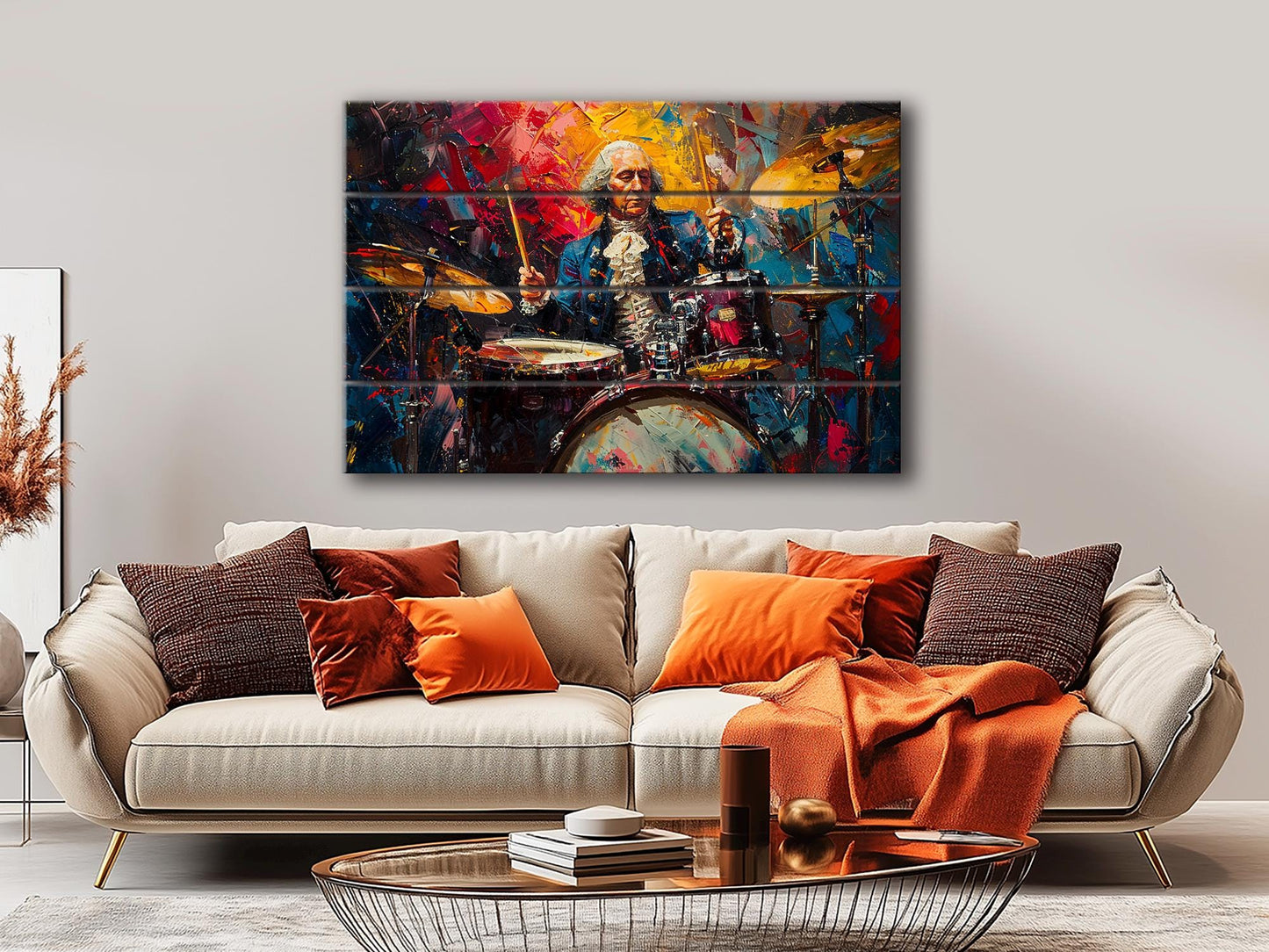 George Washington Playing Drums Abstract Painting Printed on Wood, Politician Gift, Drums Wall Art, Drummer Gift, Wood Print, Wood Wall Art