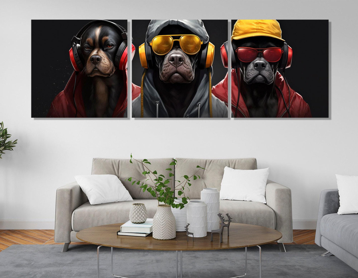 Dogs in Headphones Canvas – Modern Pet Artwork | Floating Frame Canvas, Cool Dogs Wall Decor