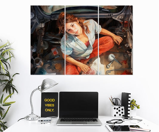 Mechanic Woman Canvas – Retro Mechanic Print | Workshop Wall Decor, Framed Canvas Art