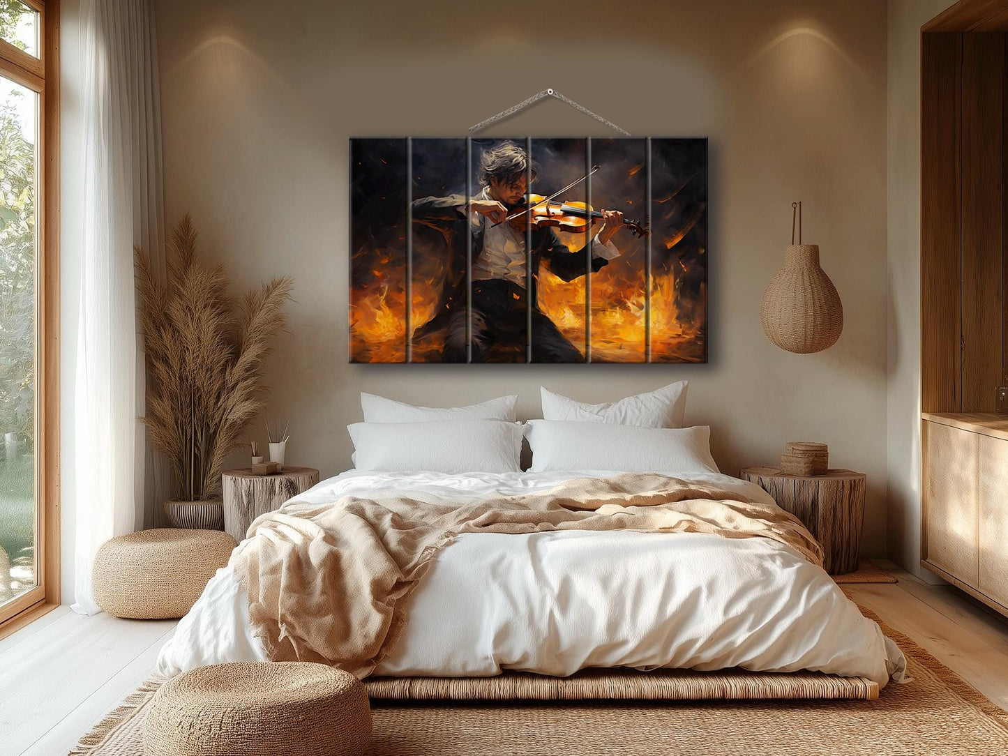 Violin Wall Art – Abstract Violinist Painting on Natural Wood Plank Art