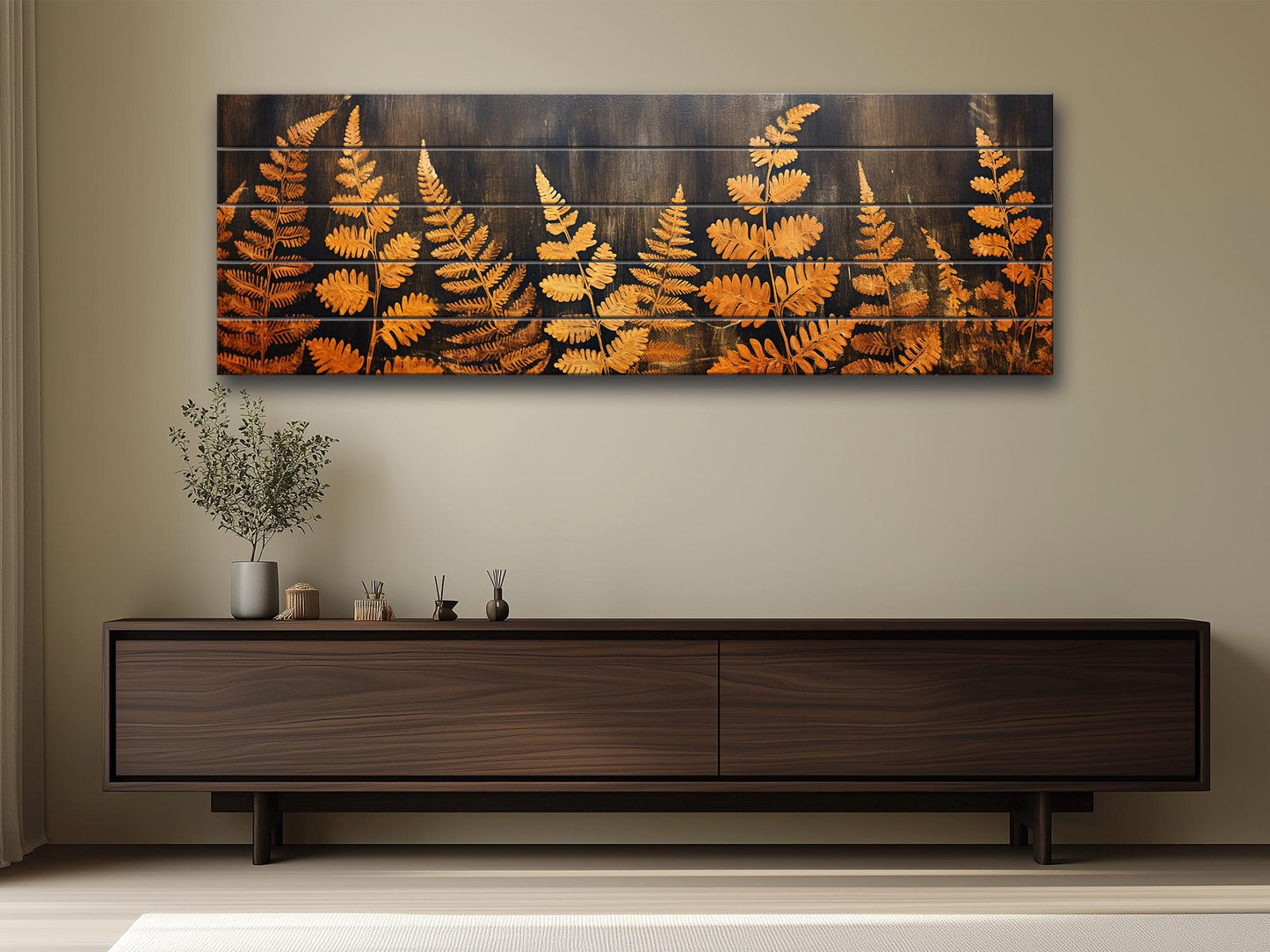 Golden Ferns Rustic Art Printed on Natural Wood – Botanical Wall Decor