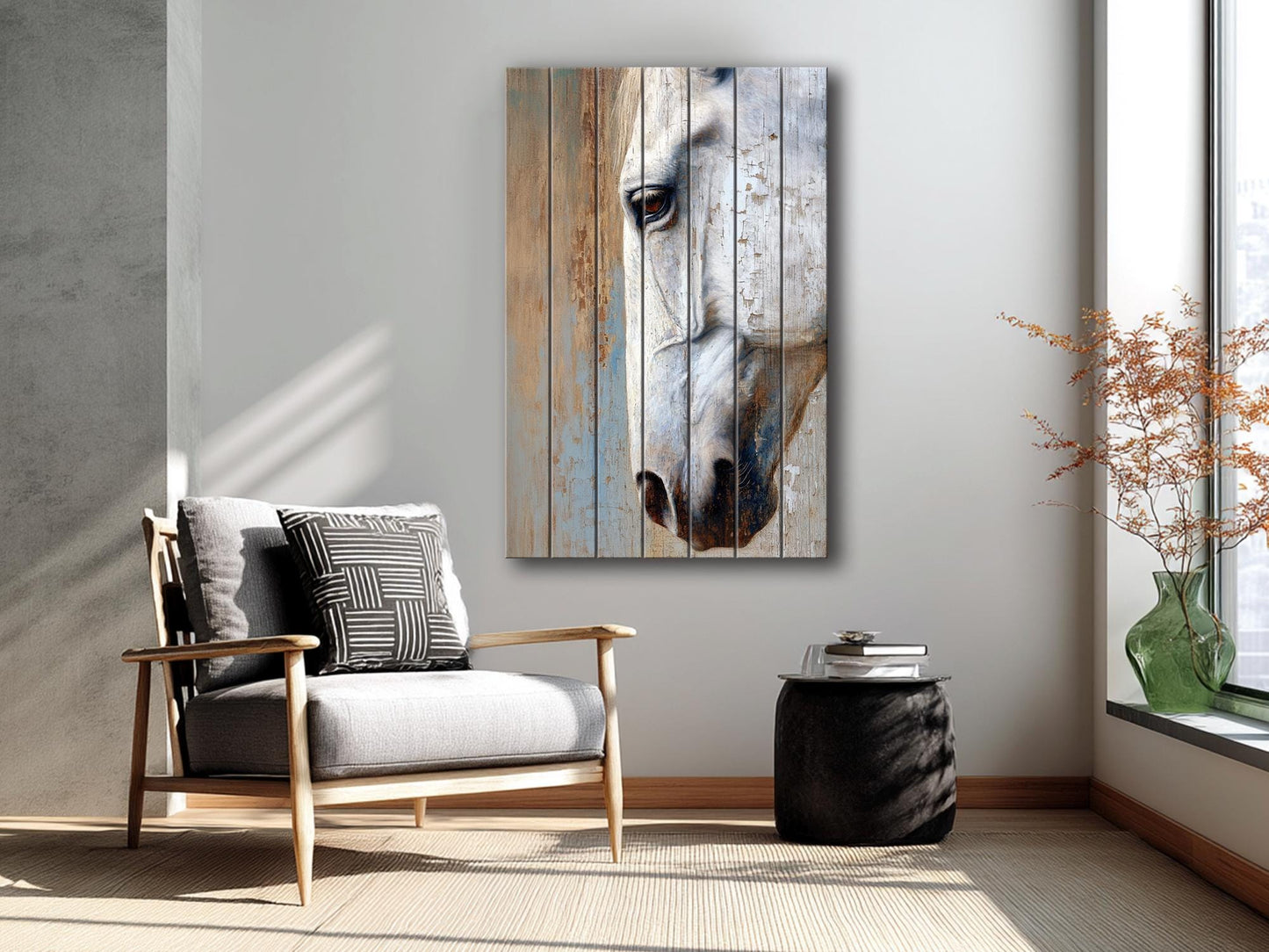 Rustic Horse Wall Art – Natural Wood Horse Print | Cozy Farmhouse Decor