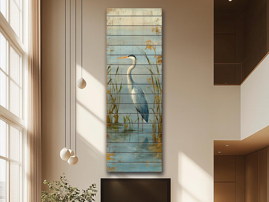 Wood Wall Art – Graceful Heron Print on Natural Wood Planks | Rustic Cabin Decor