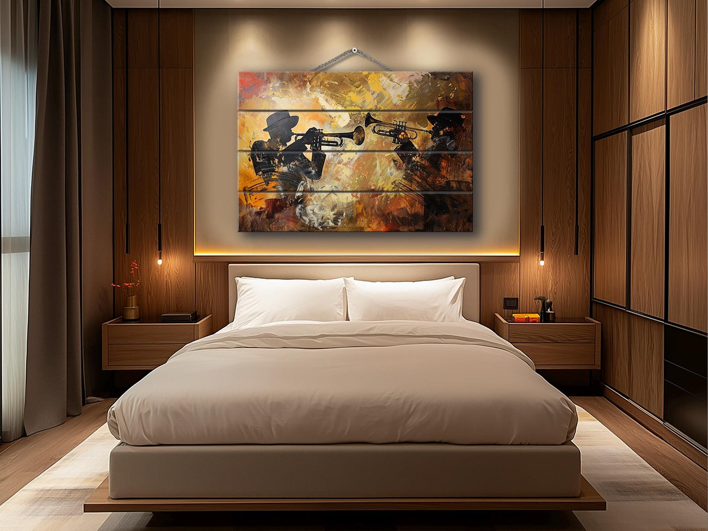 Rustic Wood Wall Art – Abstract Trumpet Painting on Wood | Jazz Music Decor