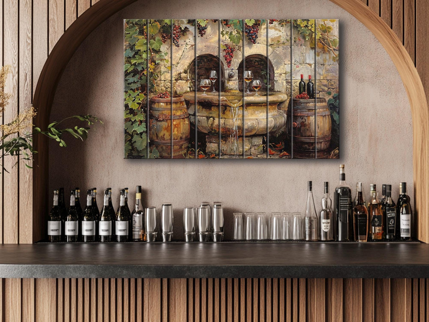 Rustic Wine Wall Art - Vintage Wine Barrels & Fountain Painting on Natural Wood