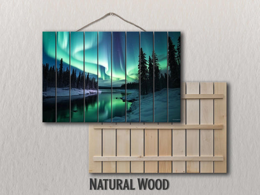Northern Lights Wall Art – Wooden Wall Decor with Aurora Borealis Landscape