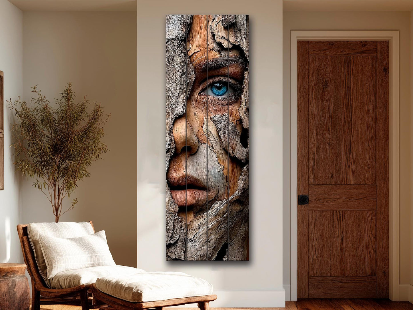 Beautiful Woman Face Print on Wood – Carved Bark Wall Art, Rustic Wall Decor