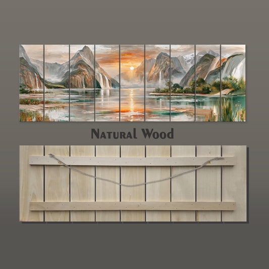 The image is a collage of multiple images depicting a serene natural landscape with mountains, water, and a sunset. The collage is titled "Natural Wood" and is displayed on a wooden board.