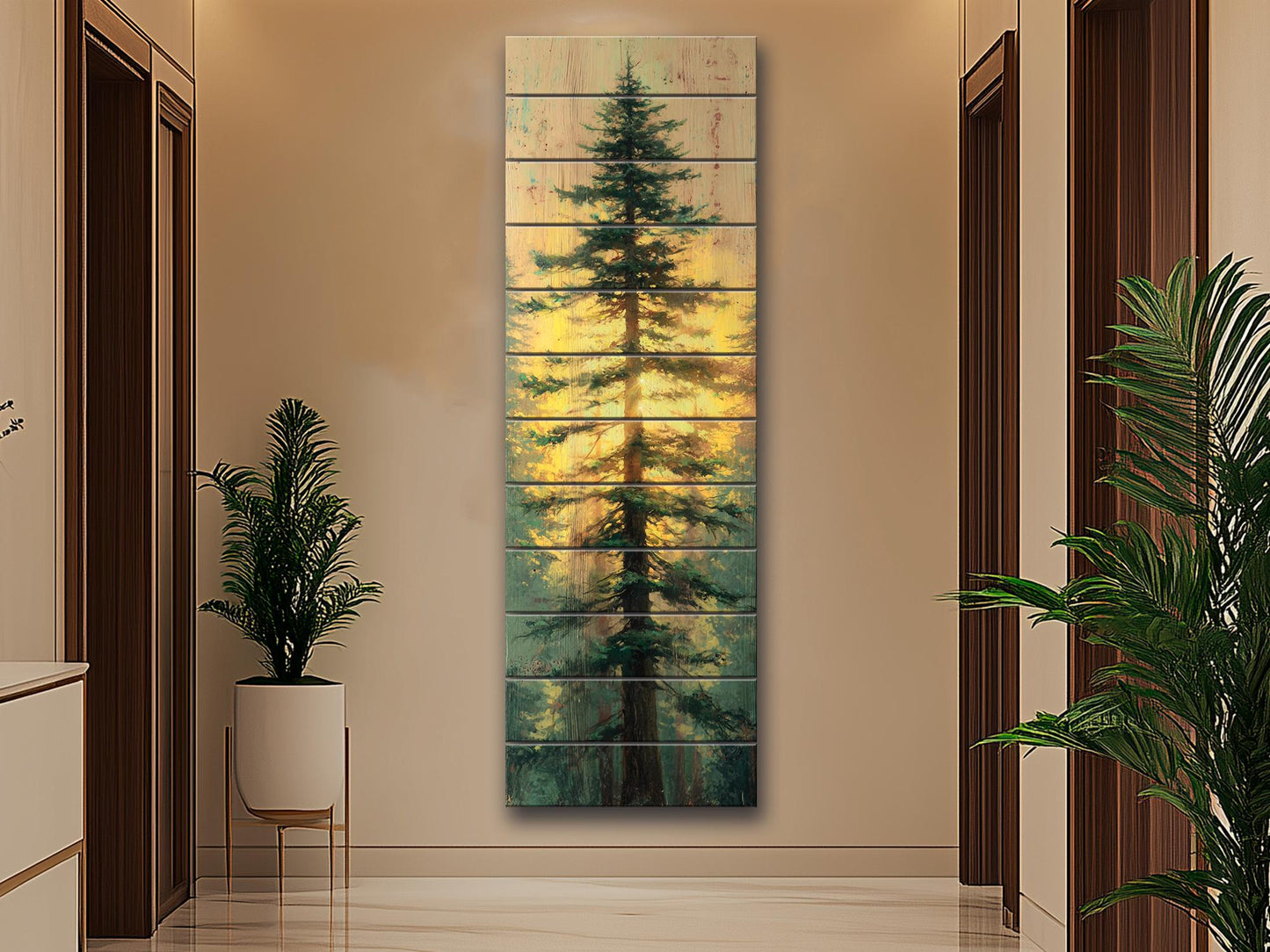 Tall Pine Tree with Golden Sunlight Print on Natural Wood, Cabin Wall Decor, Cozy Lodge Decor, Vertical Pine Tree Painting, Wood Wall Art
