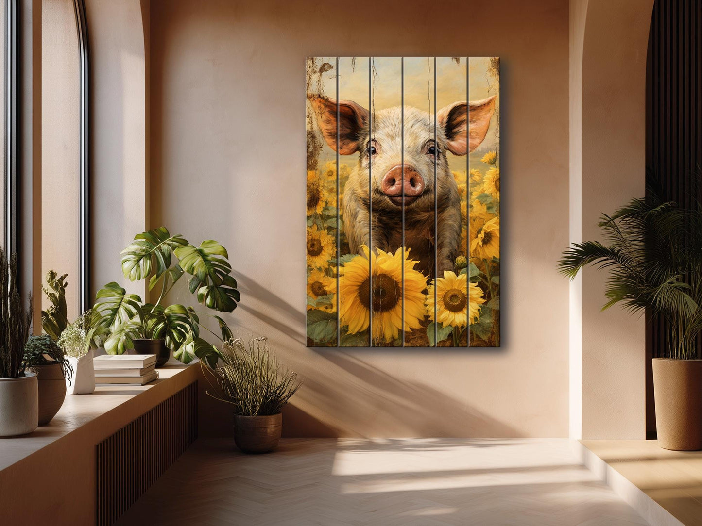 Rustic Wooden Wall Art – Pig In Sunflower Field Wood Plank Print With Fade Resistant Colors