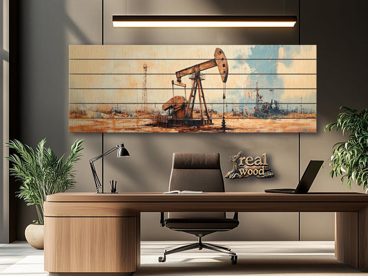 Wood Wall Art - Rustic Oil Well Print on Real Wood, Oil Industry Wall Art