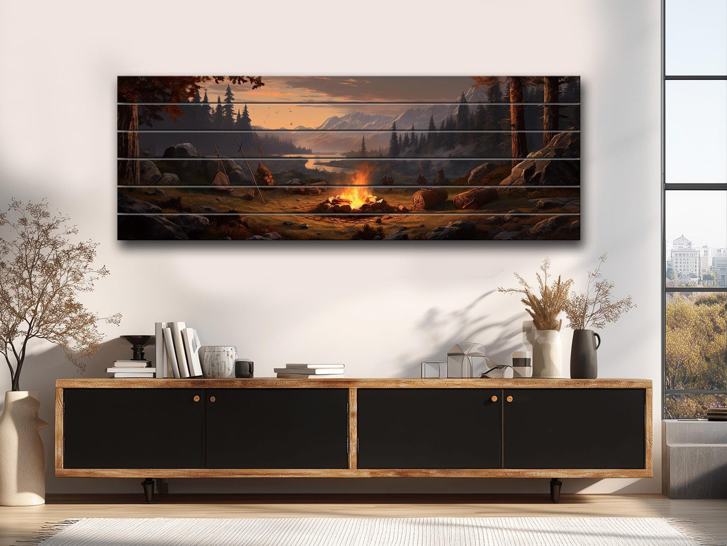 Rustic Wood Wall Art – Bonfire Forest Print on Natural Wood Plank Art