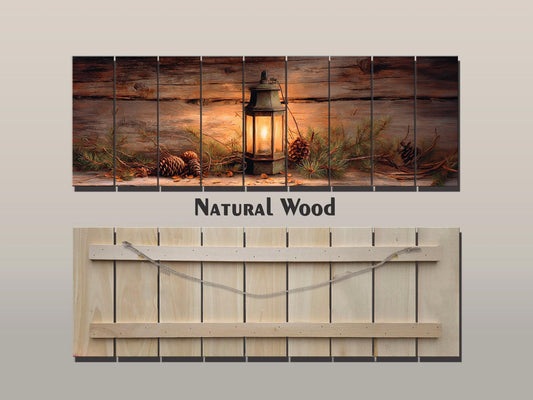 Rustic Wood Wall Art – Vintage Lantern Art with Pinecones & Fir Branch Decor