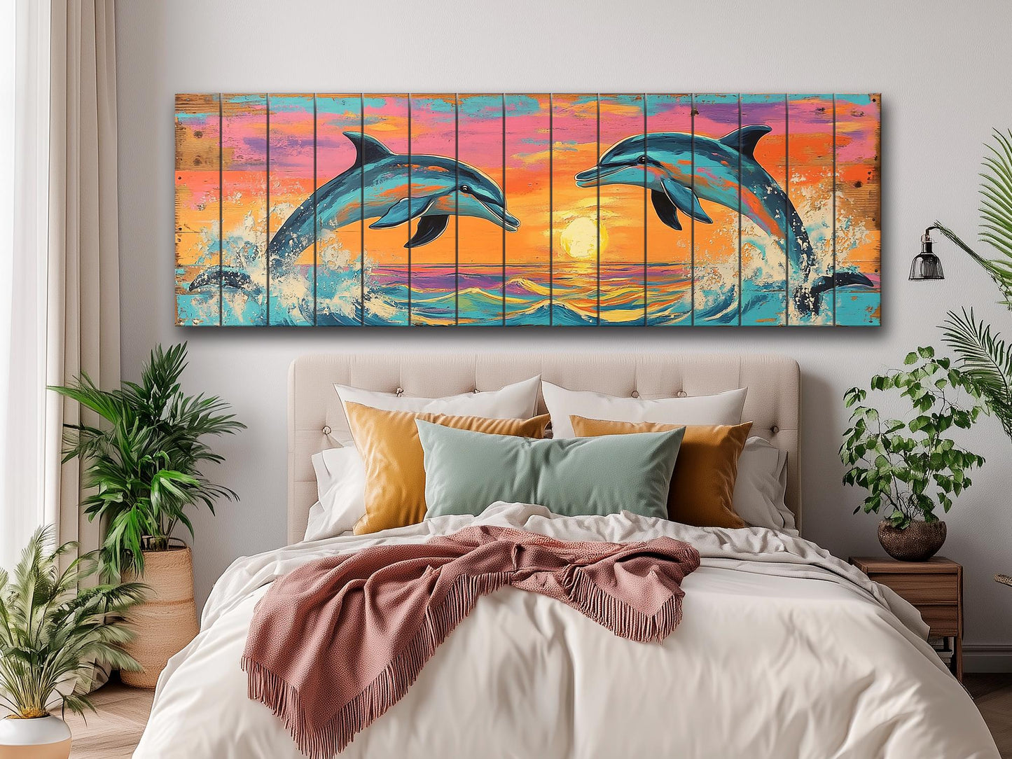 Playful Dolphins Jumping at Sunset Print on Natural Wood, Dolphins Wall Art, Wood Wall Art, Dolphins Painting, Romantic Bedroom Wall Decor