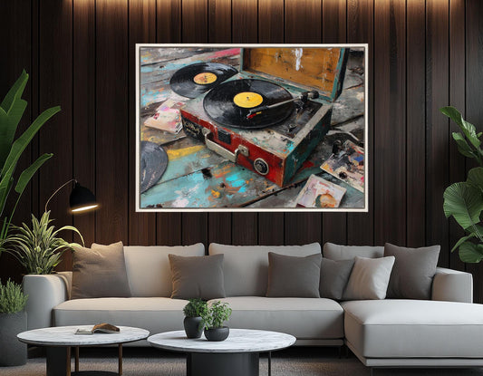 Retro Record Player Wall Art – Vintage Turntable Painting on Gallery Wrapped Canvas Print