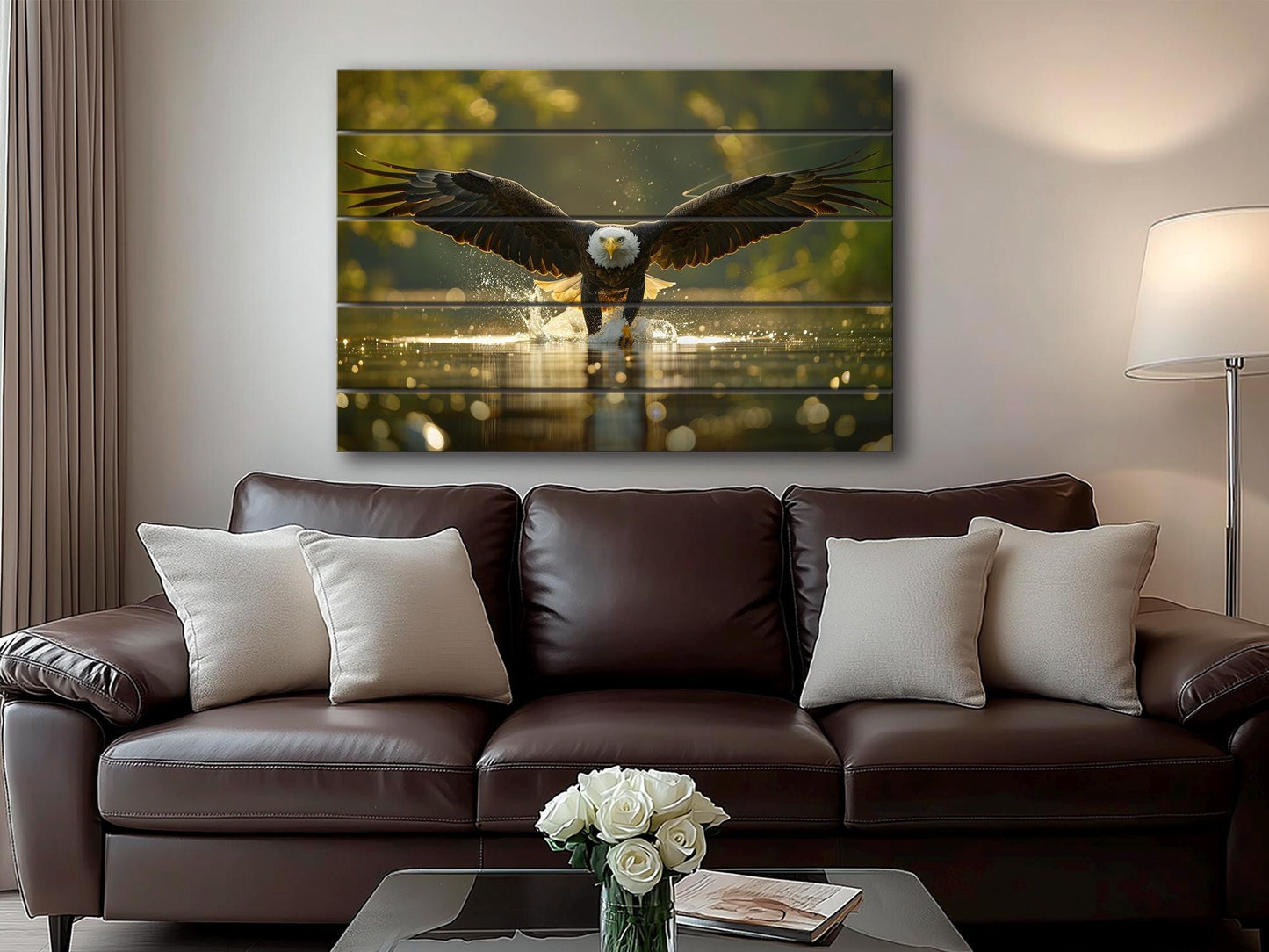 Hunting Eagle Painting Printed on Natural Wood, Birds Hunters Wall Art, Eagle Fishing, Hunter Gift, Wood Wall Art