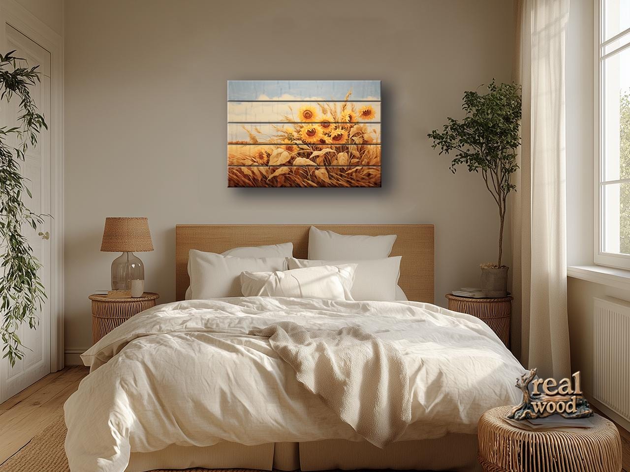 Rustic Print on Wood Wall Art – Sunflower Wall Decor on Smooth Linden Wood Planks