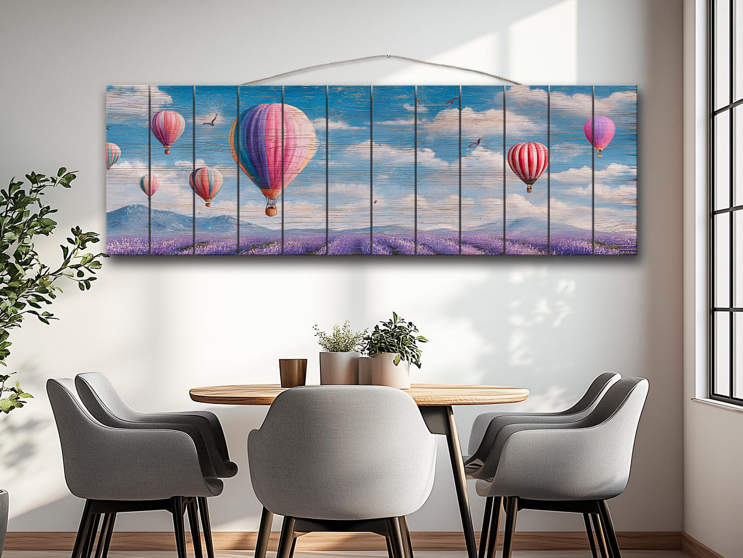 Romantic Hot Air Balloons Over Lavender Fields Print on Natural Wood, Soft Tone Painting, Soft Tones Balloons Wall Art, Wood Wall Art