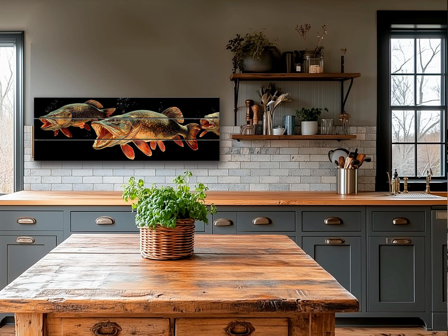 Pike Fish Wall Art | Rustic Fishing Decor – Predator Fish Artwork on Natural Wood Print