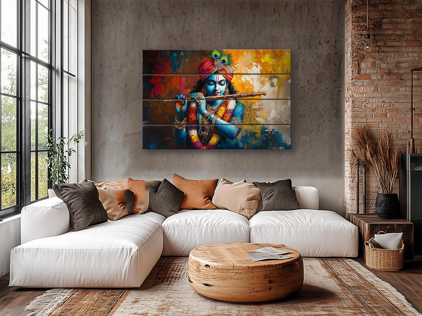 Lord Krishna with Flute Print on Natural Wood, Indian Hindu God Painting, Rustic Indian Wall Art, Lord Krishna Painting, Wood in Interior