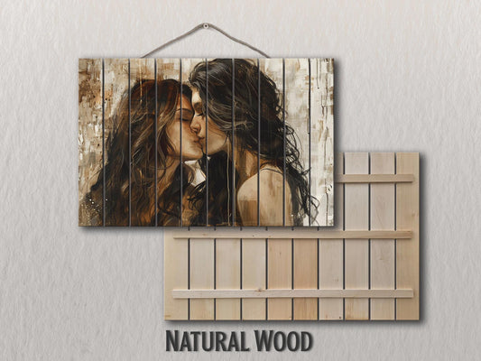 Abstract LGBT Kiss Painting Printed on Natural Wood, Erotic Wall Art, LGBT Sexy Wall Art, Gay Wall Decor, Wood in Interior, Wood Wall Art
