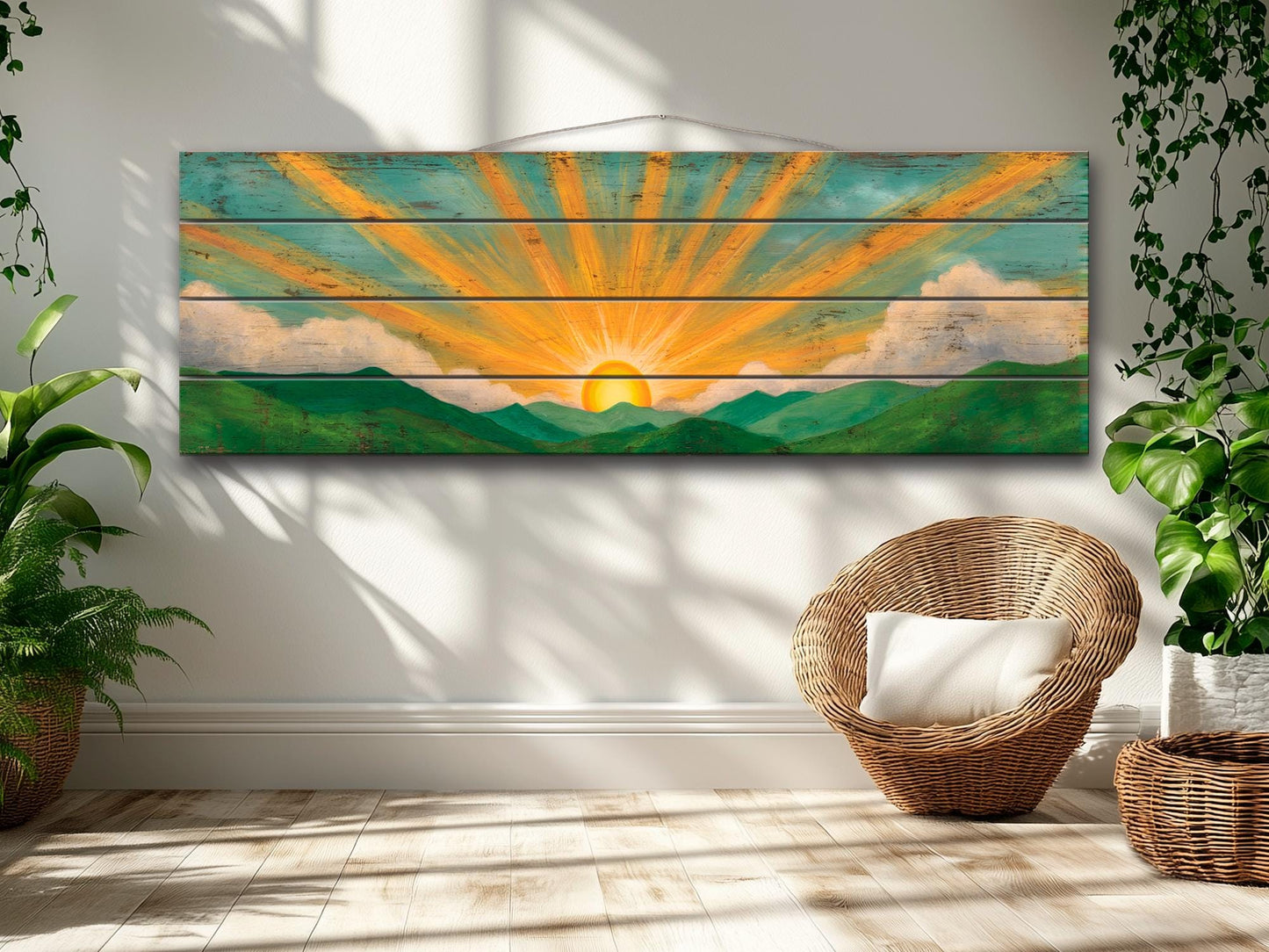 Boho Rustic Wood Print – Rolling Hills Wall Art | Warm Tones Rustic Wall Decor