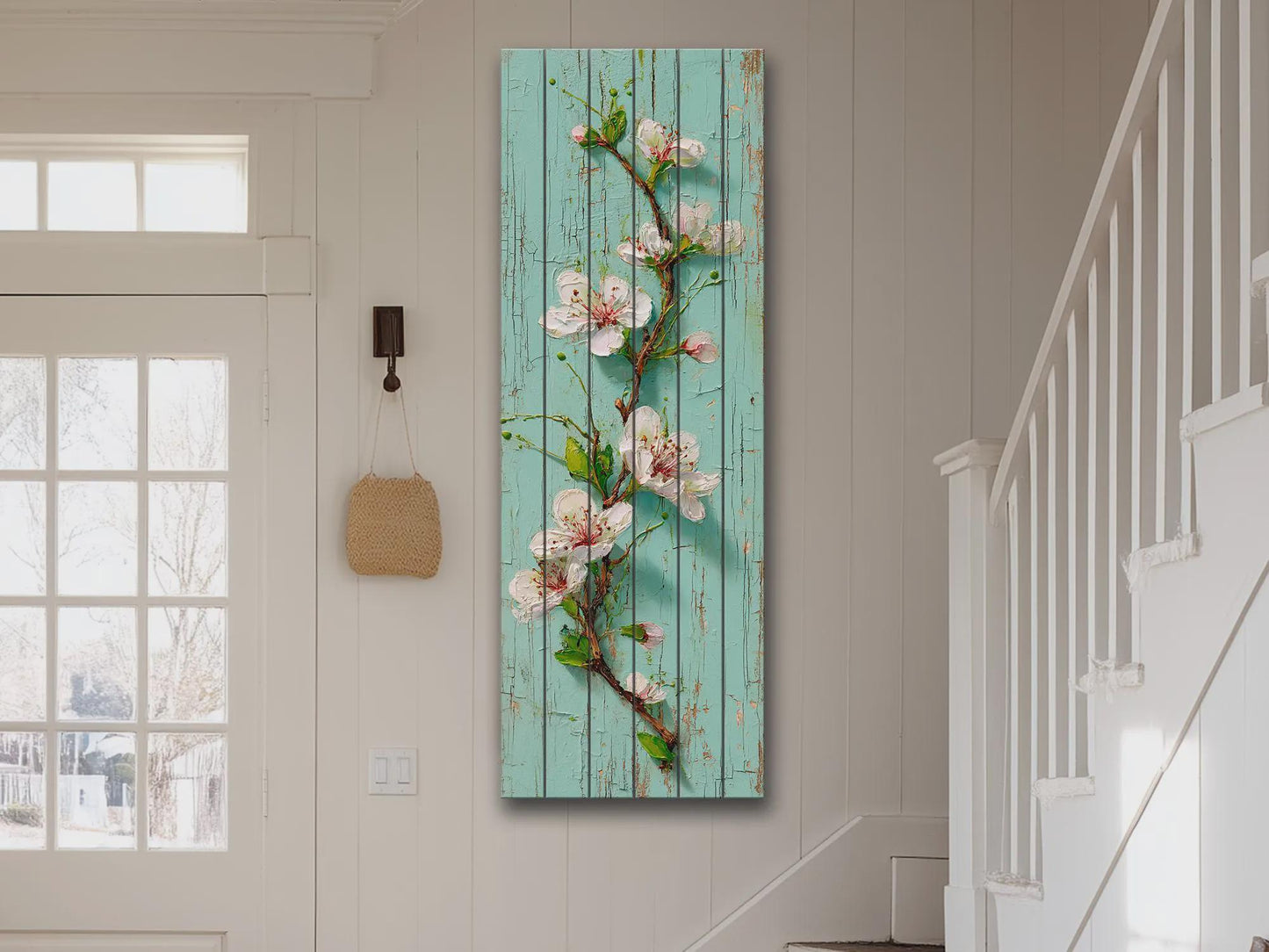 Rustic Cherry Blossom Printed on Woodm, Spring Floral Wooden Wall Art