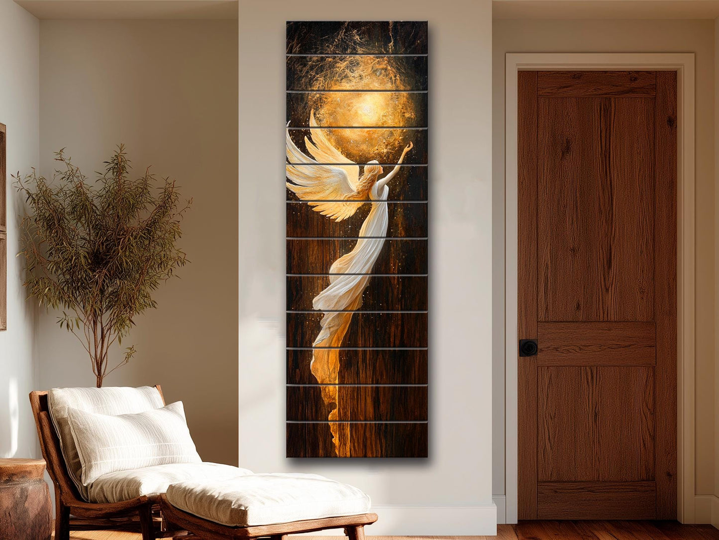 Wood Wall Art – Glowing Angel in White and Gold Robes – Rustic Spiritual Print, Christian Wall Art, Religious Wall Decor
