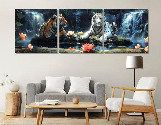 Tigers Wall Art – Scenic Tiger Painting on Cotton Canvas | Large Framed Poster