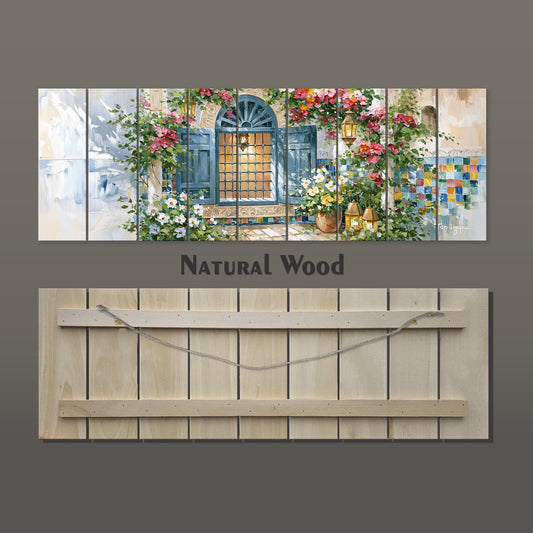 The image is a collage of two separate images. The top image depicts a window with a blue frame and a flower-filled archway, while the bottom image shows a wooden plank with a chain hanging from it.