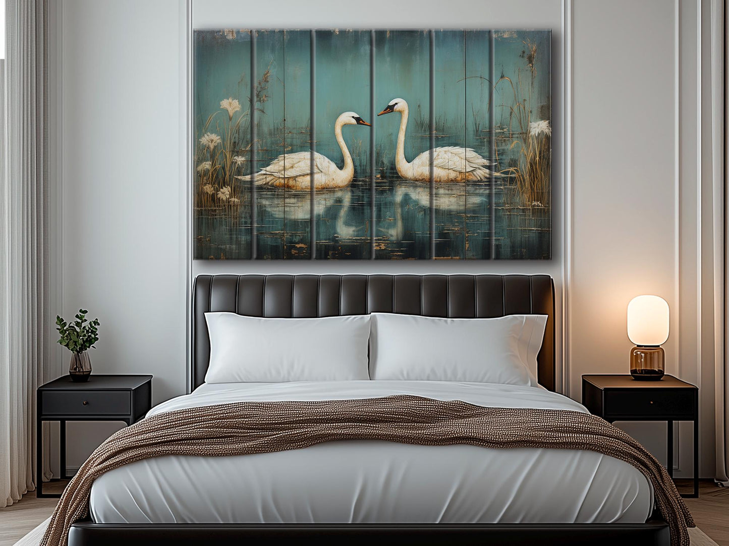 Rustic Swan Art Printed on Wood, Love Wall Art, Swans in Love Painting, Anniversary Gift, Romantic Gift, Bedroom Decor