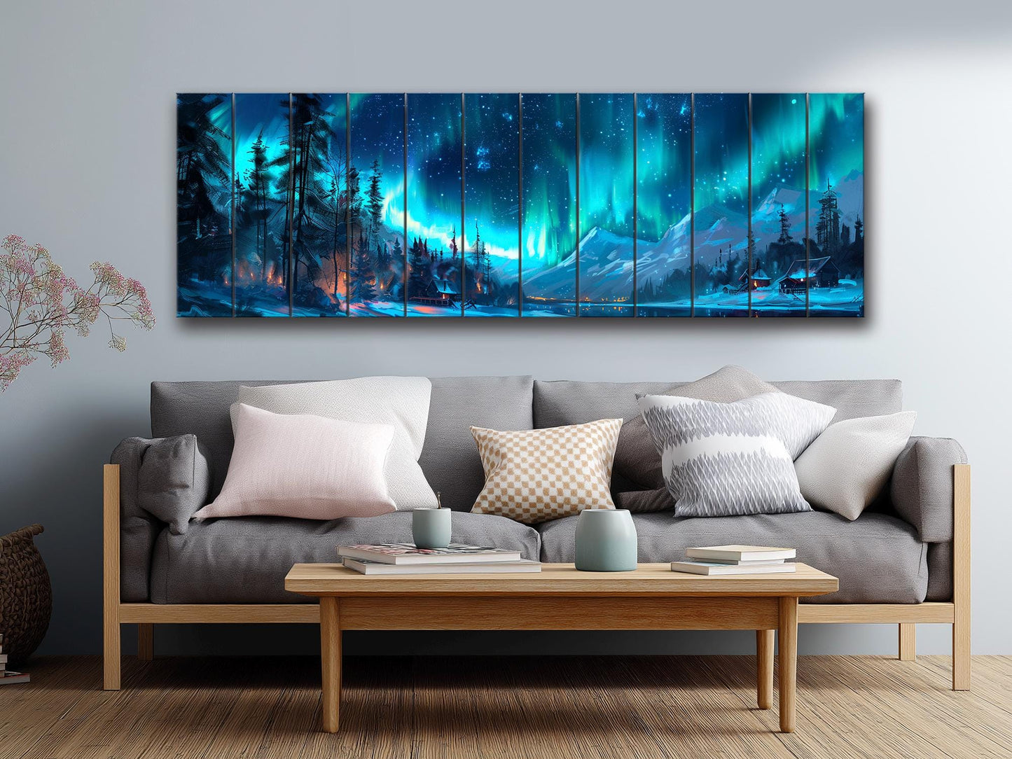 Northern Lights Wall Art – Aurora Borealis Wooden Print on Natural Wood Decor