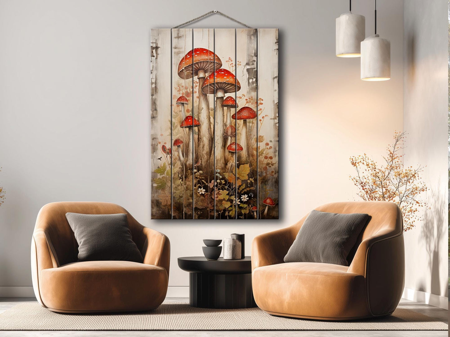 Rustic Wood Wall Art – Mushroom Garden Print on Natural Wood Planks