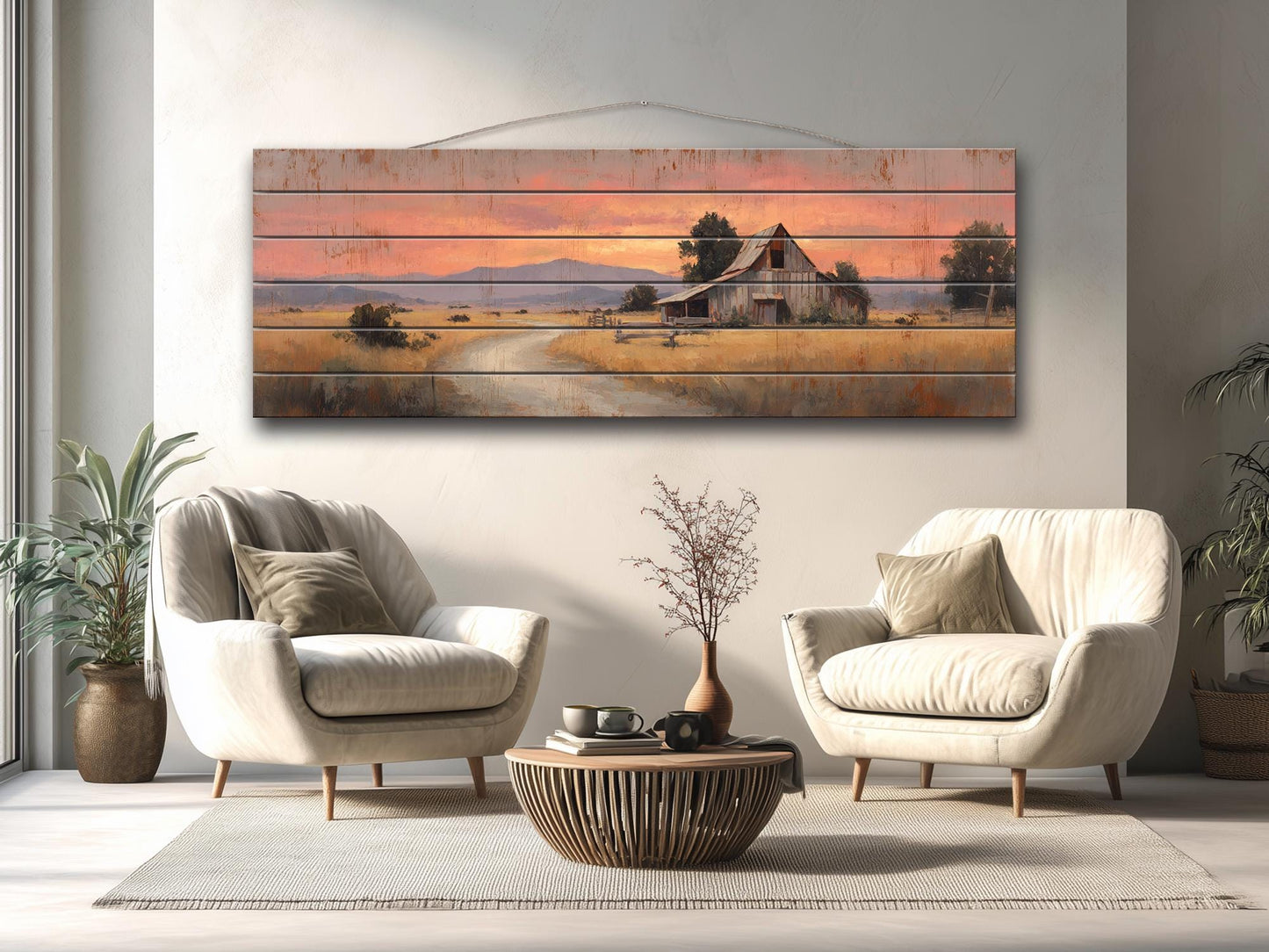 Rustic Barn Wall Art – Handcrafted Wood Print of Peaceful Country Barn at Sunset