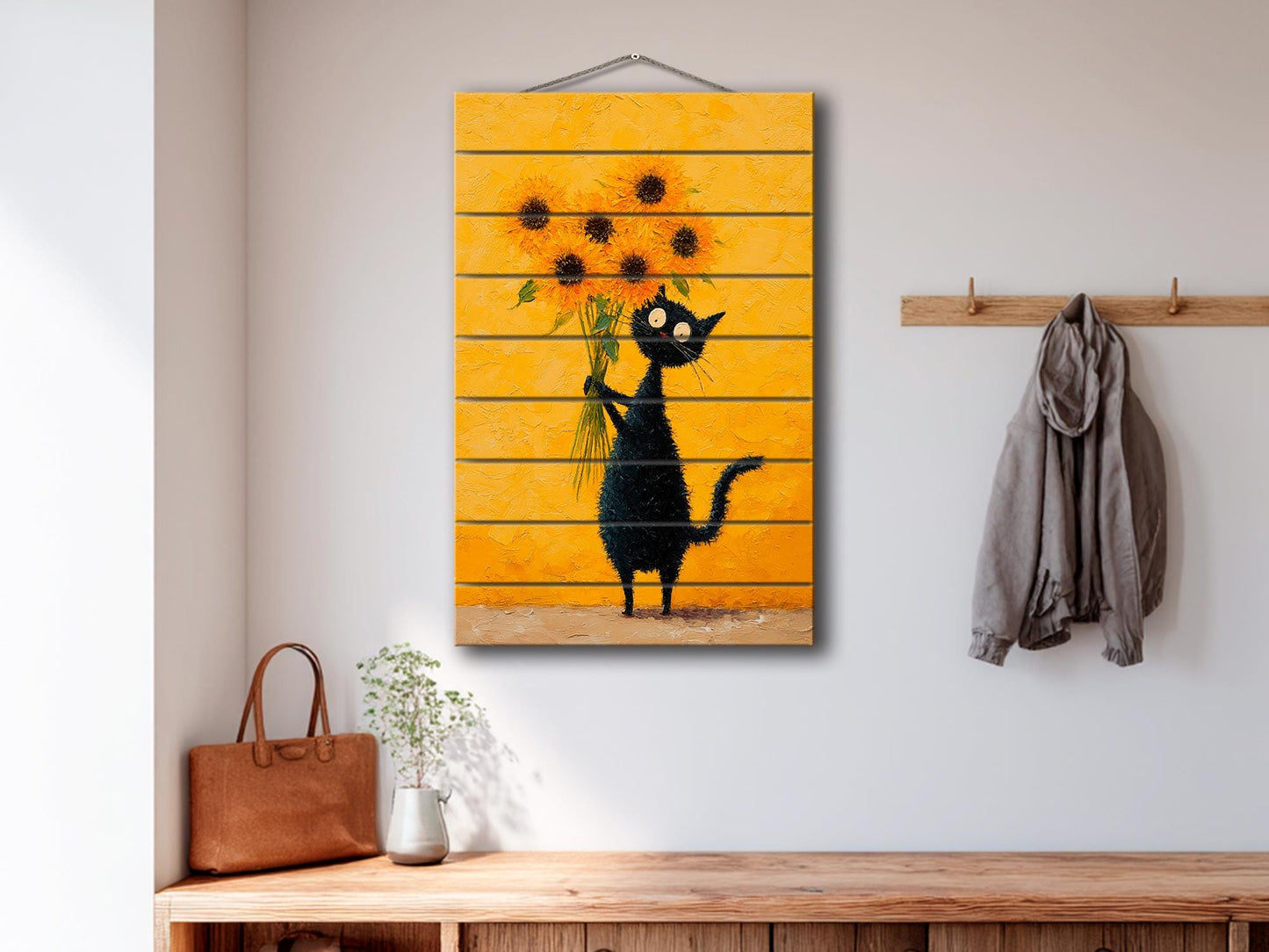 Wood Wall Art – Black Cat Painting with Sunflowers | Minimalist Rustic Decor