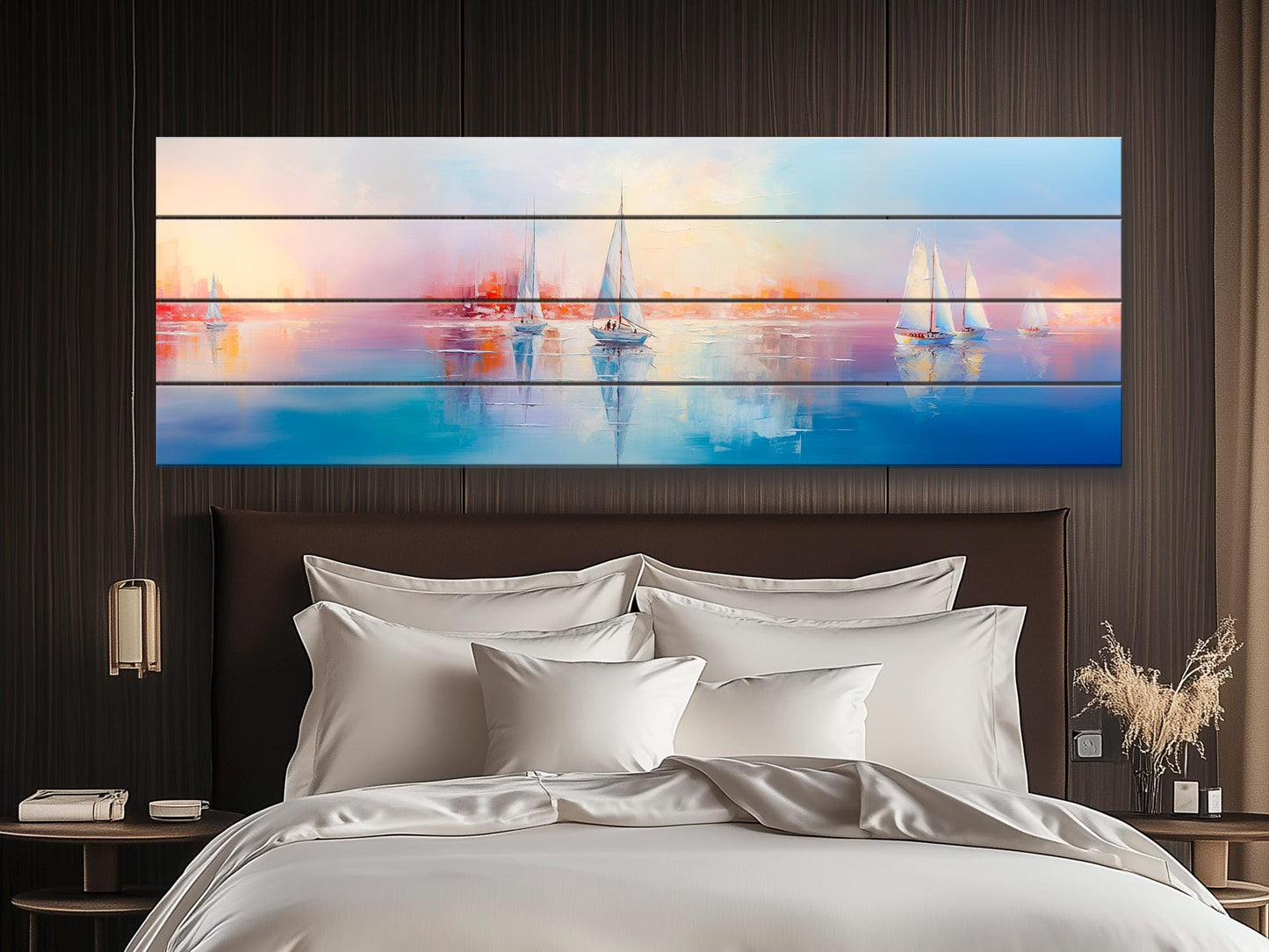 Nautical Wood Wall Art – Abstract Sailboats Painting Printed on Wood, Rustic Coastal Decor