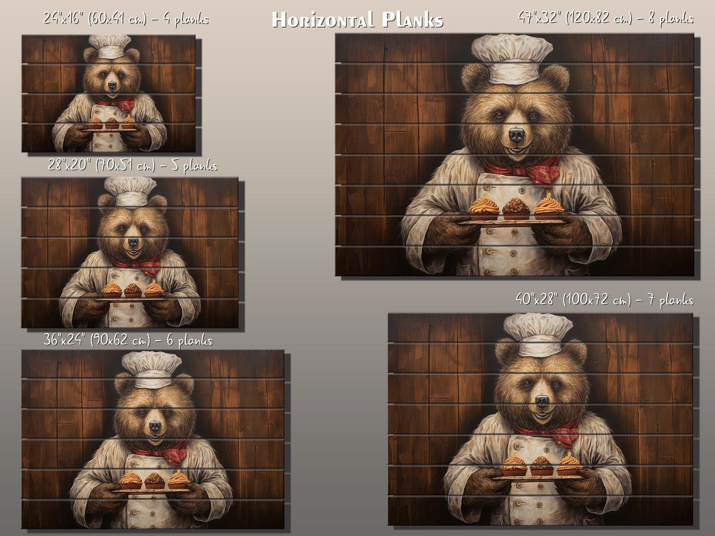 Rustic Bakery Wall Decor – Grizzly Bear Artwork Printed on Natural Wood Panels