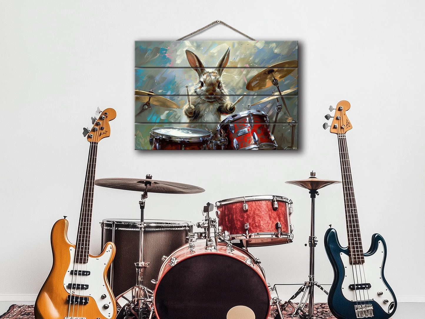 Rabbit Drummer Print on Wood, Funny Rabbit Musician Print, Drummer Gift, Musician Gift, Wood in Interior, Drums Wall Art, Wood Wall Art