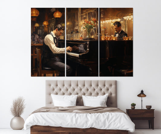 Piano Wall Art – Vintage Bar Painting Framed Canvas Print, Ready to Hang