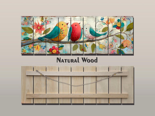 Wood Wall Art - Trio of Birds Print on Natural Wood Plank | Rustic Folk Art Decor