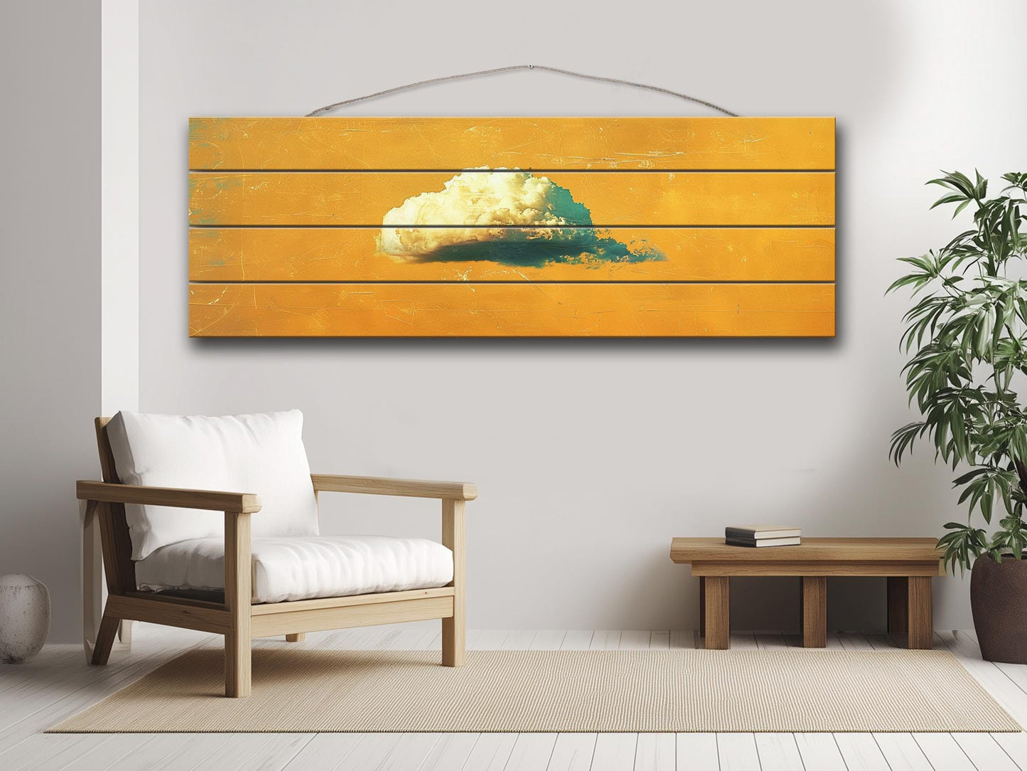 Natural Wood Wall Art - Canary Yellow Retro Print on Rustic Wood Planks