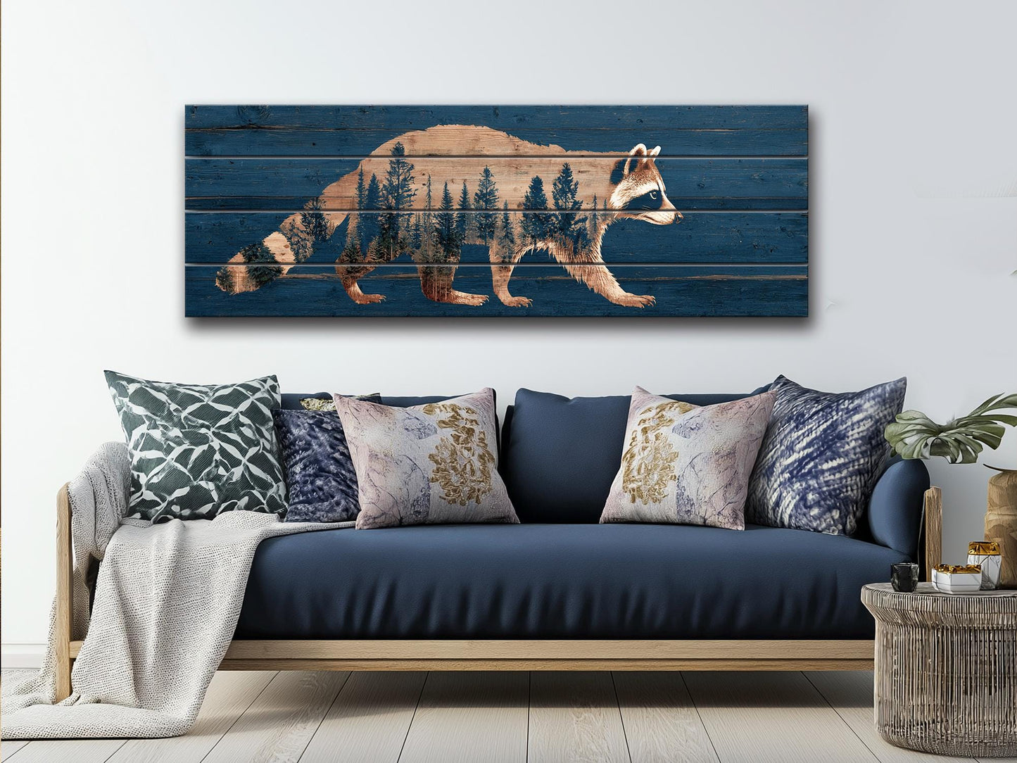 Raccoon Wall Art – Rustic Woodland Forest Silhouette on Natural Wood Planks